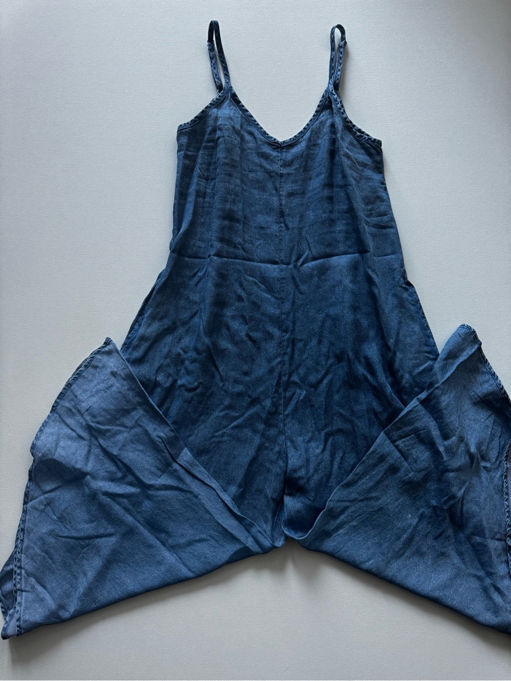 Zenana wide leg jumpsuit indigo blue with adjustable straps and pockets